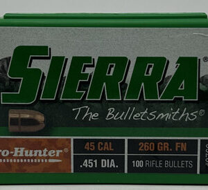 Sierra 45 Cal (.451 Dia) Reloading Bullets Pro Hunter SRAA8760 260 Grain Flat Nose 100 Pieces